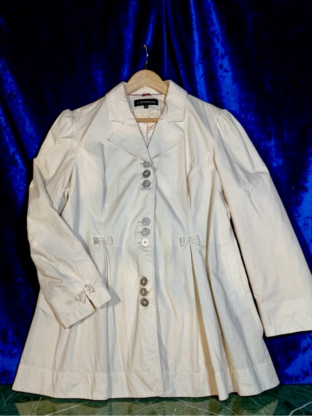 J. Peterman Cream Swing Jacket 18 Off White 100% Cotton Pleats Bows